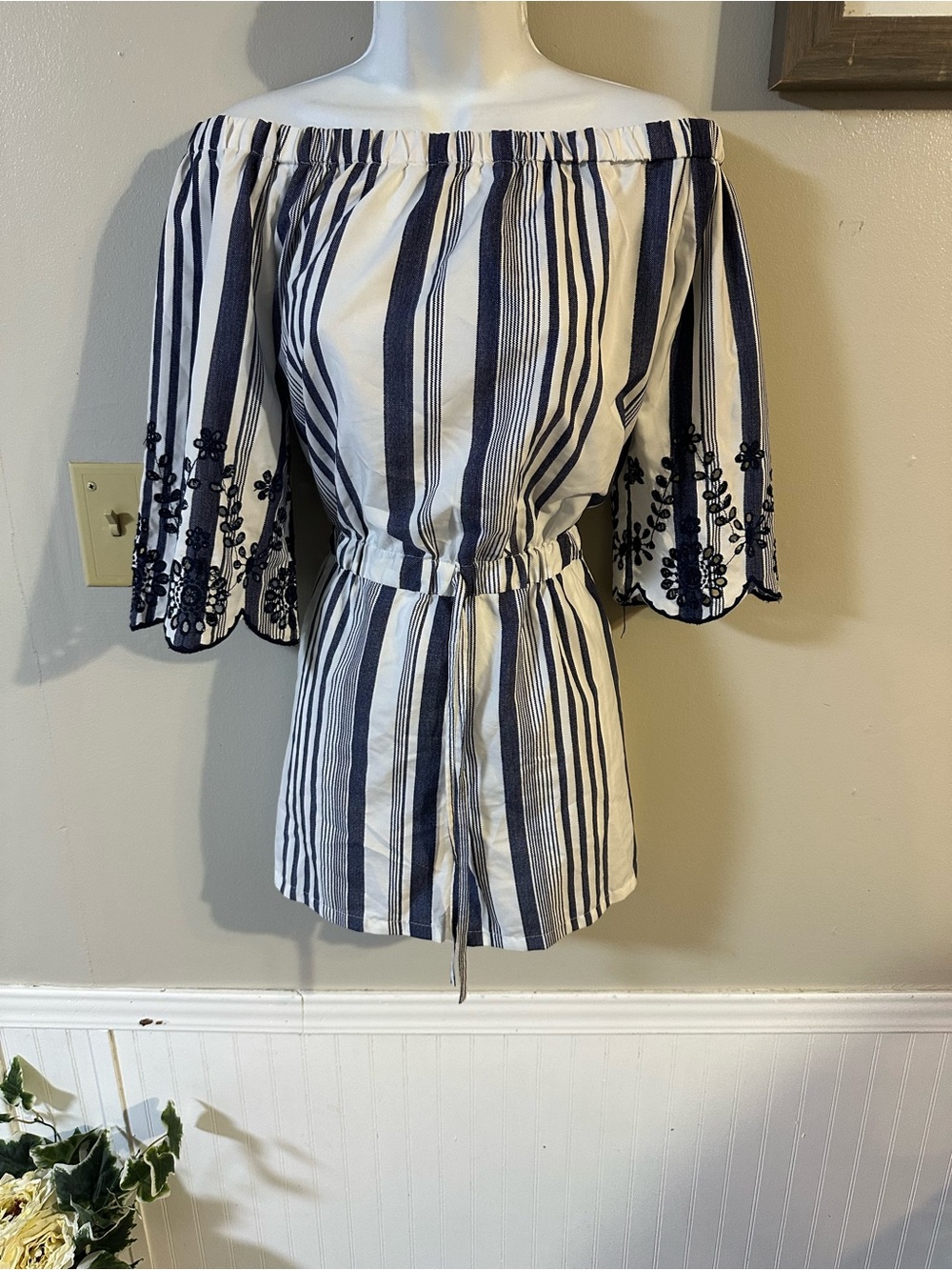 Off-Shoulder Navy and White Striped Romper with Embroidered Sleeves